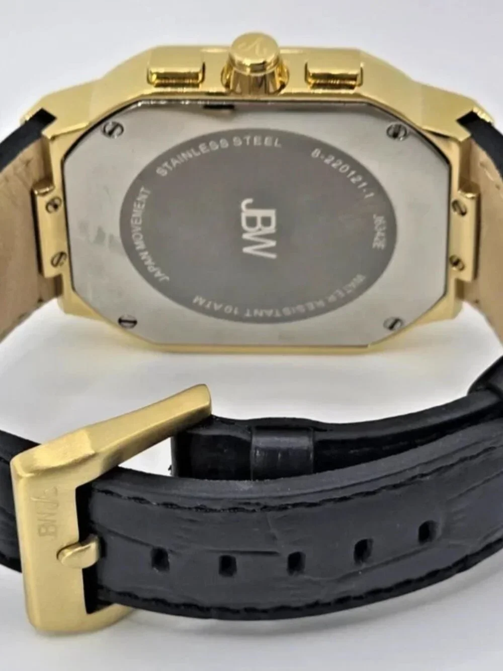 JBW J6342E Mens Gold Tone Chronograph Diamond Bezel Black Leather Watch 44mm